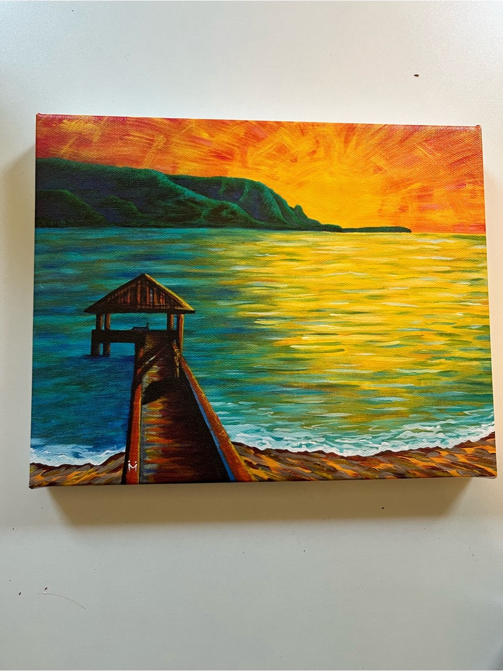 Sunset Pier Seascape CanvasArt - Vibrant Yellow & Teal Glycee-Kauai local artist